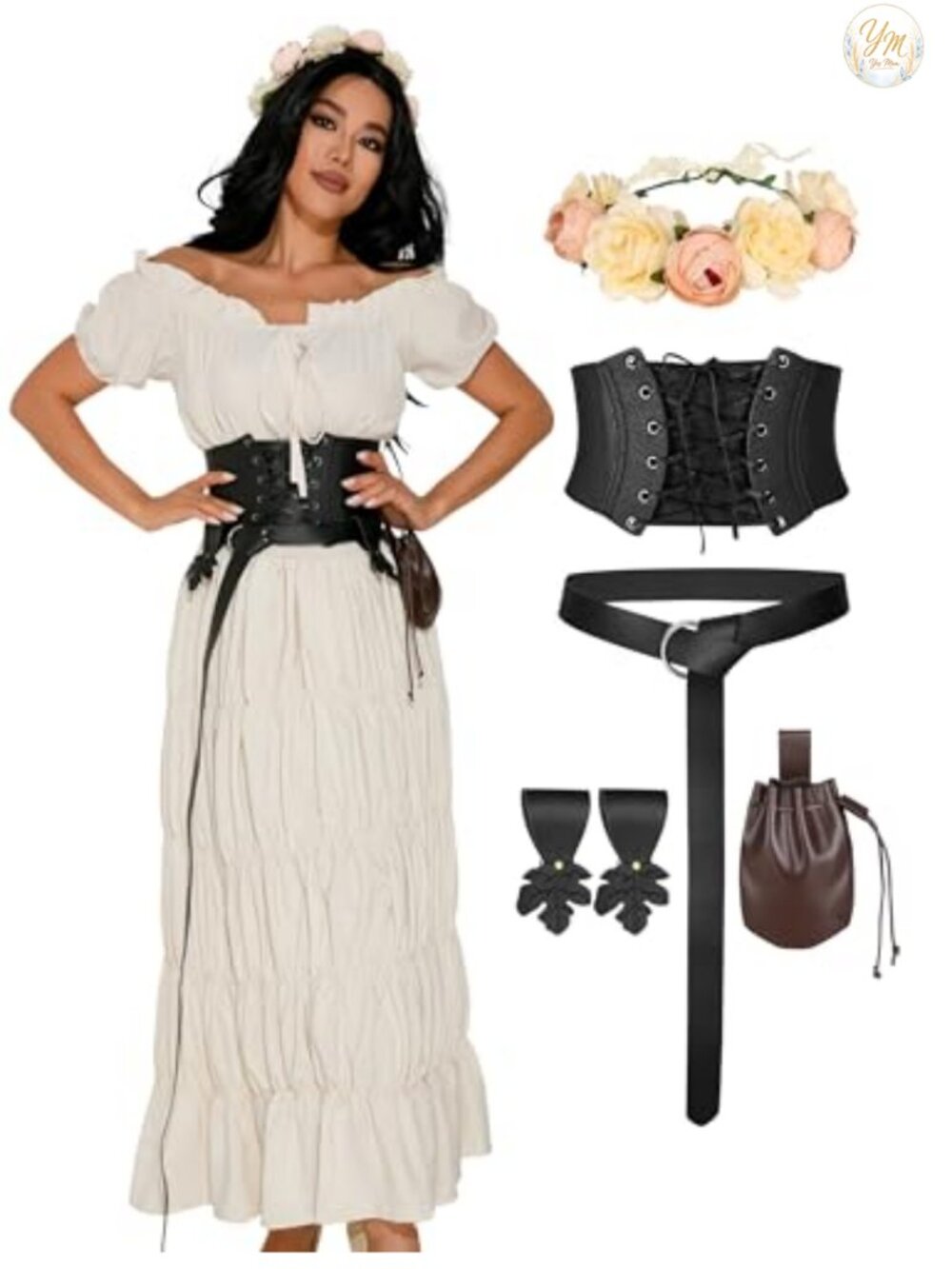 Renaissance Costume 7pc Set Corset Gown Headband Belt Pouch
